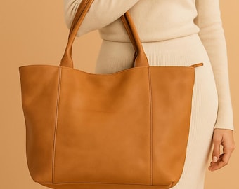 Bolso tote marroquí de piel color canela, hecho a mano en piel de cabra, bolso de hombro, bolso de trabajo grande sostenible, bolso de viaje bohemio.