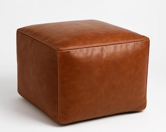 Square Moroccan Leather Pouf,Handmade Brown Ottoman Coffee table,Premium Goat Leather,Unstuffed Leather Footstool