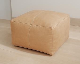 Custom Leather Pouf Square Ottoman – Large Unstuffed Tan Footstool for Living Room, Handmade Moroccan Floor Pillow Seat Decor