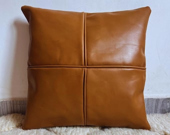 Handmade Genuine Leather Pillow Cover – Full Grain Cushion Case, Rustic Tan Throw Pillow for Sofa, Bed & Living Room Décor