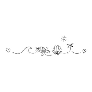 Könnte beinhalten: Eine Schwarz-Weiß-Strichzeichnung einer Strandszene. Das Bild enthält ein Herz, eine Welle, eine Schildkröte, eine Muschel, eine Sonne, eine Palme und ein weiteres Herz. Die Elemente sind durch eine gepunktete Linie verbunden.