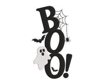 May include: An embroidery design featuring the word BOO! in black thread. The letter B is accented with a spider web and a small spider. A white ghost with black eyes and a mouth is positioned over the first O, with two black bats flying nearby.