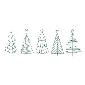 May include: Five green Christmas tree designs on a white background. Each tree has a unique style, including a star or heart at the top. The trees are created with a stitched or embroidered appearance, ideal for festive crafts.