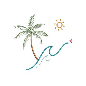 May include: An embroidered design featuring a palm tree, a sun, a wave, and a pink heart. The palm tree has a brown trunk and green fronds. The sun is yellow, and the wave is teal. The heart is pink.