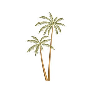 Puede incluir: Diseño bordado con dos palmeras. Los troncos son de color marrón claro y las frondas son verdes detalladas. El diseño está sobre un fondo blanco, creando un tema tropical.