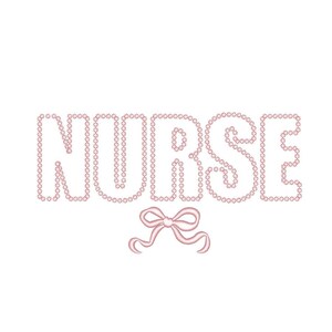 May include: The word "NURSE" in a light pink, floral-like font, with a matching pink bow below. The design is set against a clean white background, creating a simple and elegant aesthetic.