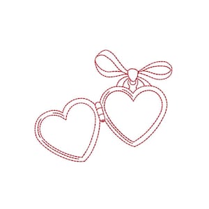 May include: A red embroidered heart-shaped locket with a bow at the top. The locket is open, revealing two heart-shaped spaces. The design is on a white background.