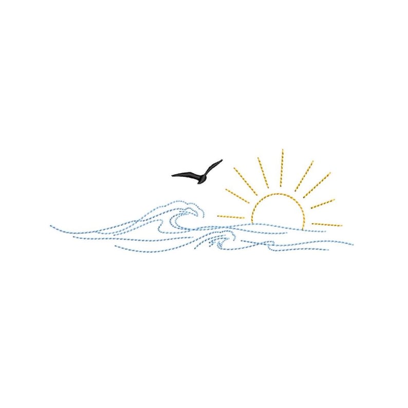 Ocean Waves Sun and Seagull Machine Embroidery Design, Instant Download ...