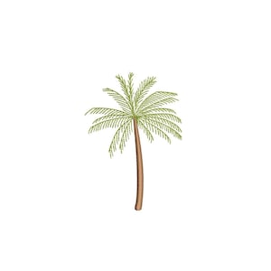 Puede incluir: Diseño bordado de una palmera. El árbol tiene un tronco marrón y una corona de hojas verdes. El diseño está sobre un fondo blanco, creando una estética sencilla. Adecuado para proyectos de bordado con temática tropical.