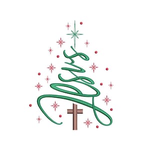 May include: An embroidery design featuring the word Jesus written in a green cursive script that forms the shape of a Christmas tree. A brown cross is positioned at the base, and the design is accented with small red stars and dots throughout.