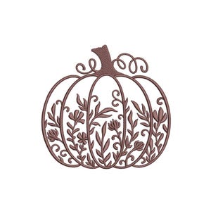 May include: A brown embroidered pumpkin design featuring intricate line work and floral motifs. The pumpkin is composed of curved outlines with delicate stems, leaves, and small flower blossoms filling the interior segments of the shape.