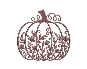 May include: A brown embroidered pumpkin design featuring intricate line work and floral motifs. The pumpkin is composed of curved outlines with delicate stems, leaves, and small flower blossoms filling the interior segments of the shape.