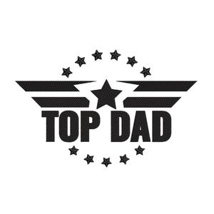 May include: A black graphic featuring the words "TOP DAD" in a bold font. The design incorporates a central star, encircled by smaller stars, and wings extending outwards on either side.