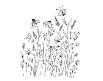 Diseño de bordado a máquina con flores silvestres en estilo de arte lineal negro, descarga instantánea.