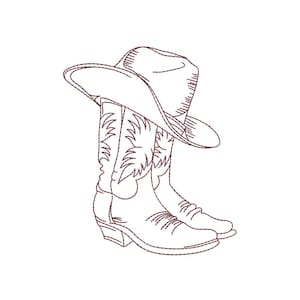 May include: An embroidered design of a cowboy hat and boots. The hat is wide-brimmed, and the boots have decorative stitching. The image is in a sepia tone, with the design elements outlined against a white background. The boots have a pointed toe and a slight heel.