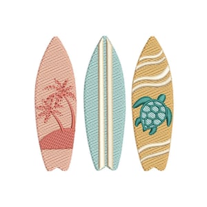 May include: Three embroidered surfboards in a row. The first is peach with palm trees, the second is light blue with white stripes, and the third is tan with a teal turtle design. The surfboards are all the same shape.