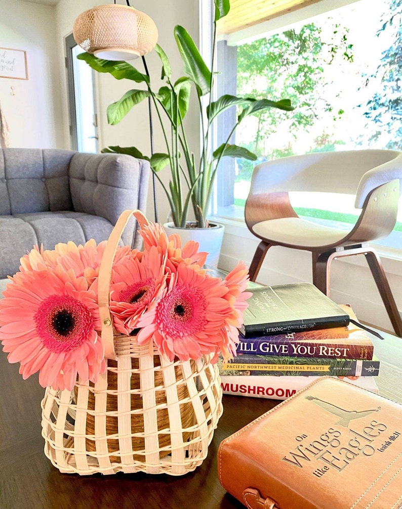 Natural Rattan Hand woven Egg Storage Basket with Genuine Leather Handle. Flower Basket. Modern decor imagem 5