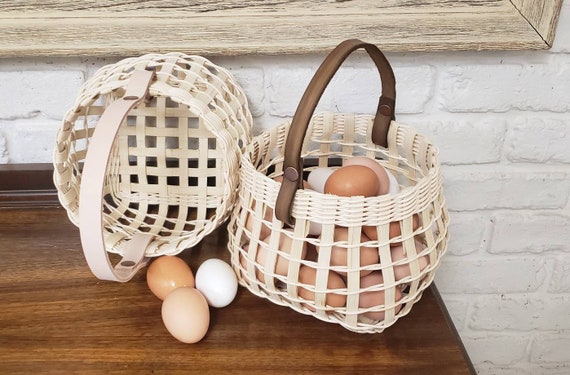 Natural Rattan Hand woven Egg Storage Basket with Genuine Leather Handle. Flower Basket. Modern decor