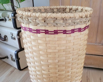 Hand Woven Hamper/Laundry Basket  Wine colored accent with natural pecan shell stain