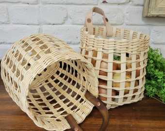 Natural Rattan Reed Handwoven, Onion Storage Basket. Genuine Leather Handle. Plastic Free Storage.