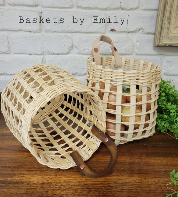 Natural Rattan Reed Handwoven, Onion Storage Basket. Genuine Leather Handle. Plastic Free Storage.