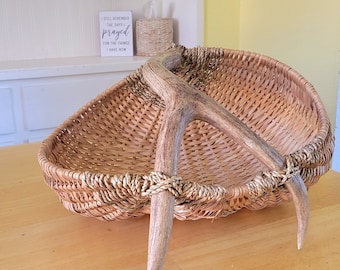 Natural Art Basket. Rattan reed woven on a Mule Deer antler