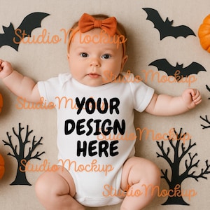 Halloween Baby Onesie Mockup: Fall Flatlay with Pumpkins (PNG Digital Download 4500x3000 px )