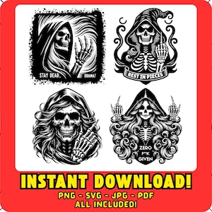 4 Female Grim Reaper Skeleton Cut Files, SVG, PNG Instant Download Laser, Lady Reaper, Fun, Middle Finger Skull Vector Tattoo, Cameo, Cricut
