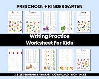 Writing Practice Worksheets Printable | 100 Page Kids Handwriting Workbook | Preschool & Kindergarten Learning PDF Homeschool