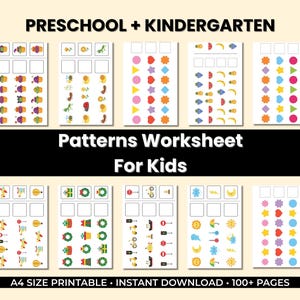 Puede incluir: Una colección de hojas de trabajo de patrones imprimibles para preescolar y jardín de infancia. Las hojas de trabajo presentan ilustraciones coloridas de cupcakes, insectos, formas y otros objetos. El texto de la imagen dice "Patterns Worksheet For Kids".