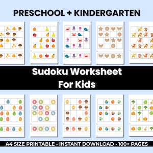 May include: A collection of printable Sudoku worksheets for kids, featuring colorful illustrations of fruits, animals, and other objects. The worksheets are designed for preschool and kindergarten levels, with the text "PRESCHOOL + KINDERGARTEN" and "Sudoku Worksheet For Kids".
