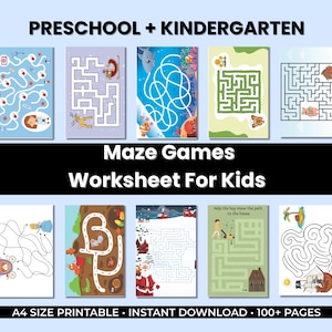 Może przedstawiać: Zbiór kolorowych arkuszy gier labiryntowych dla dzieci w wieku przedszkolnym i przedszkolnym. Arkusze zawierają różne motywy i ilustracje, w tym lekarza, renifera i Świętego Mikołaja. Tekst brzmi "Maze Games Worksheet For Kids."