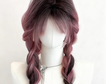 Pink And Black Ombre Straight Wig, Long Cosplay Hair With Lace Front, Anime Pink Gradient Full Wig For Women, 27 Inch Glamorous Daily Wear