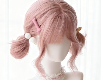 Pink Twin Tails Wig, Short Curly Bob, Anime Cosplay Hair