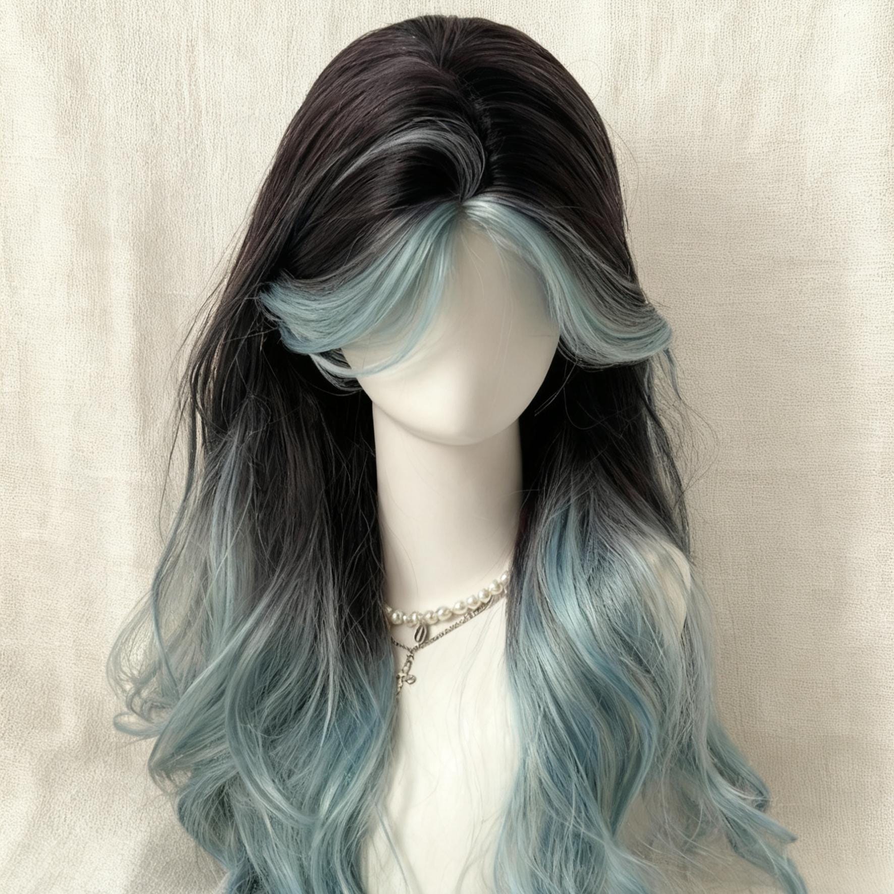 Mint green and dark ombré medium curly wavy wig Synthetic Women Lolita Wavy Curly Ombre Mint Blue green  main image 2