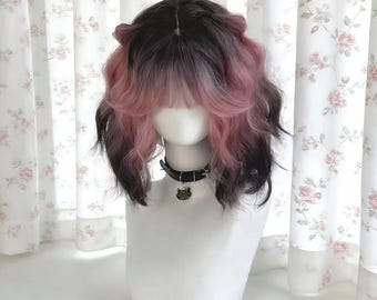 Parrucca Ombré Nero Rosa, Bob corto riccio, Cosplay Anime