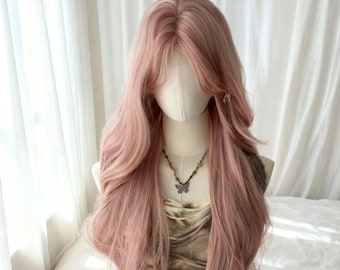 Pink Wavy Lace Front Wig: Hand-Tied, Heat-Resistant Hair, Pre-Plucked Bangs