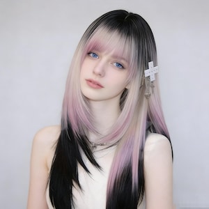 Pink Purple Black Ombre Long Cosplay Wig with Bangs, Heat Resistant Synthetic Hair, Natural Look for Travel Photos, Includes Comb and Net