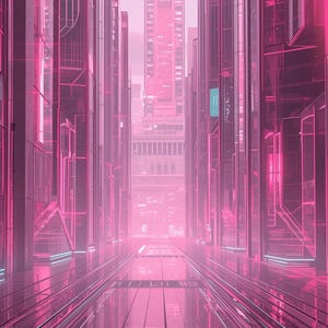 以下が含まれることがあります： ピンク色の未来的な都市景観。反射するガラス張りのファサードを持つ高層ビルが広い通りに並び、奥行きを演出。ネオンライトが輝く大都市を連想させ、建築デザインに焦点を当てたイメージ。