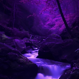 May include: A serene landscape featuring a flowing stream cascading over rocks, bathed in a vibrant purple hue. The image captures a forest scene with trees and foliage, creating a mystical and tranquil atmosphere.