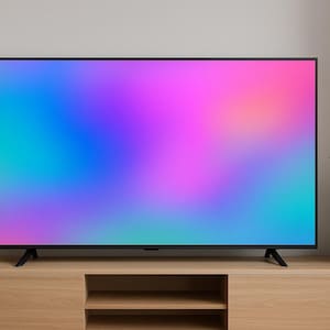 Puede incluir: Un televisor de pantalla plana con marco negro muestra un vibrante degradado de colores, incluyendo azul, rosa y morado. El televisor está sobre un mueble de madera clara. Un jarrón negro con plantas secas a la derecha.
