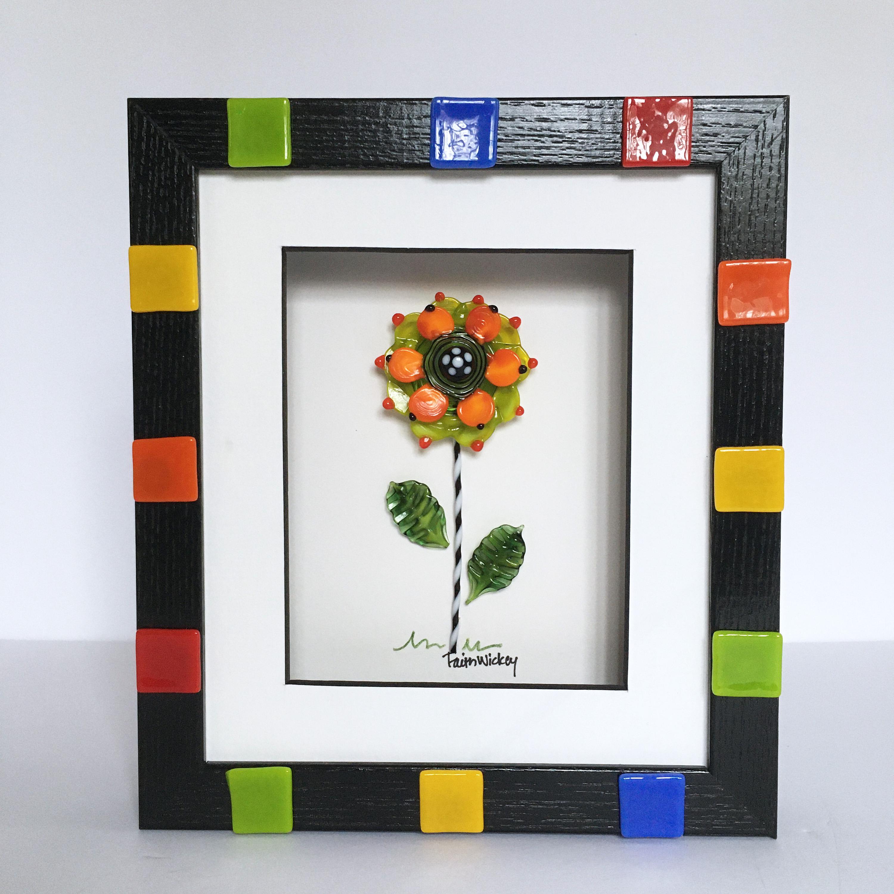 Flameworked Lampworked Lime Green Orange Glass Flower Picture Art in Black Shadowbox Frame