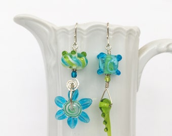 Lampwork Glass Bead Mismatched Earrings Flower Green Aqua Sterling Silver