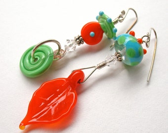 Handmade Lampwork Glass Bead Mismatched Earrings Lime Orange Aqua Sterling Silver