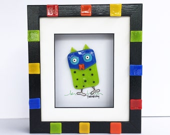 Whimsical Fun Bright Fused Glass Owl in Shadowbox