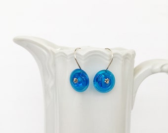 Handmade Lampworked Glass Earrings Sterling Silver Azure Blue Fat Swirl