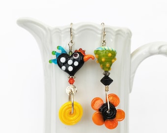 Rooster Flower Bright Mismatched Lampworked Flameworked Beads Earrings Dangle French Wire