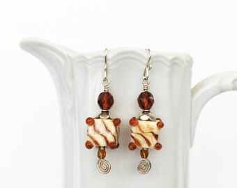 Whimsical Lampwork Topaze and Ivory Cube Earrings Flameworked Sterling Silver