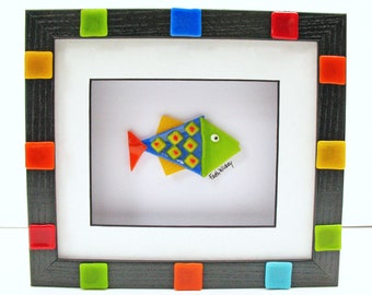 Bright whimsical happy fish fused glass in shadowbox