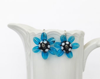 Handmade Aqua Lampwork Glass Flower Dangle Earrings Sterling Silver Polka Dot Center